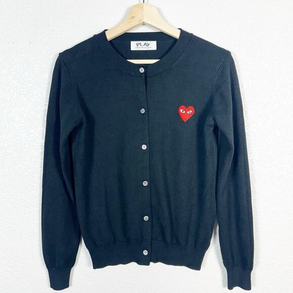 Comme Des Garcons Play Women’s Long Sleeve Logo Wool Cardigan Sweater in Black L - Picture 1 of 9